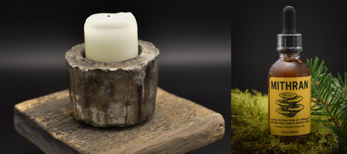 undefined Image 1 is 2 image collage showing a cast concrete votive candle holder with candle, and a bottle of a tincture made from foraged red belted conk and artist conk mushrooms.