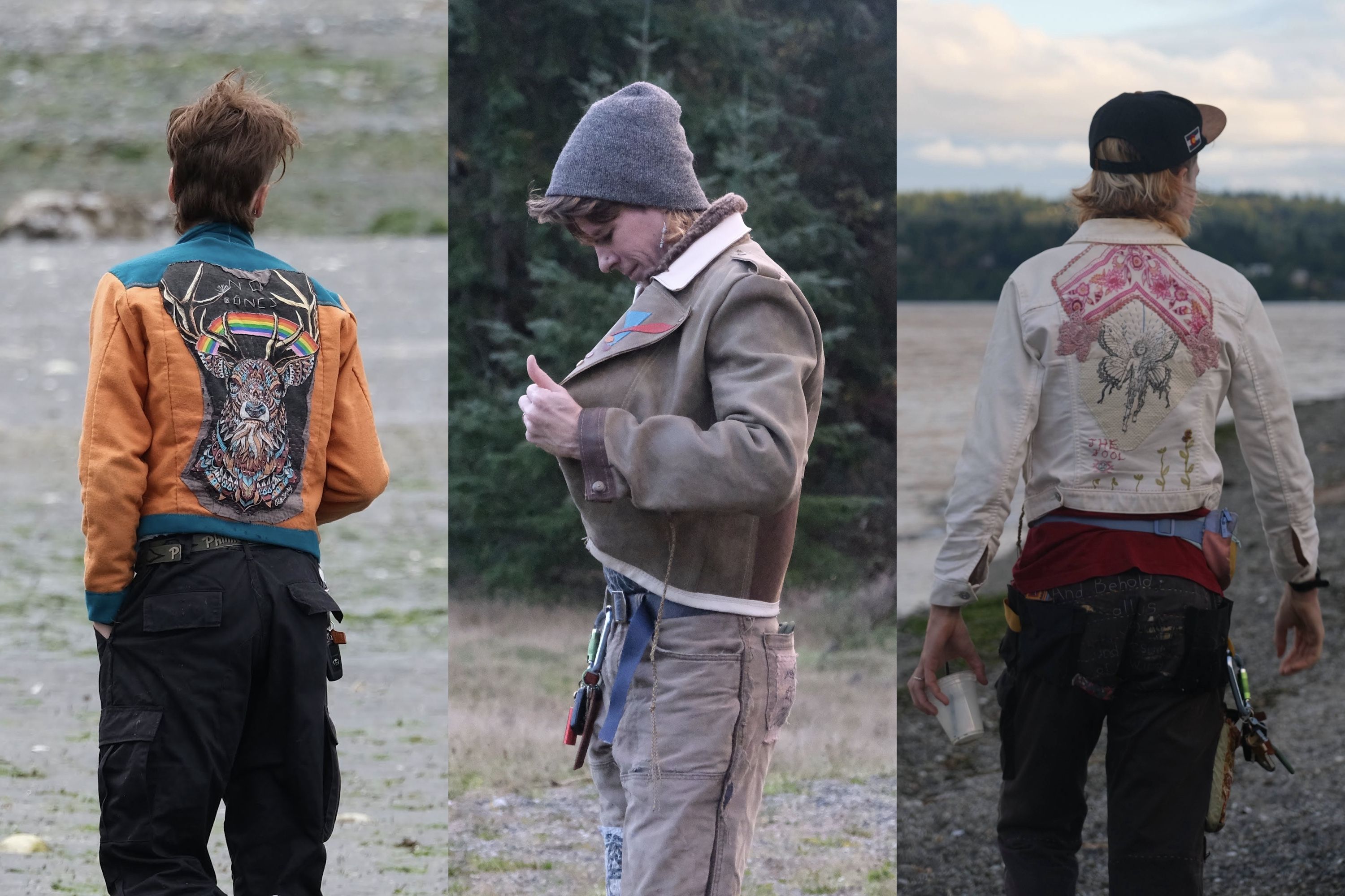 undefined Image 1 is a triptych of photos of the artist wearing jackets of her own creation. the first jacket is orange and teal wool with a stag graphic appliqued onto the back panel. the second jacket is a woody green leather jacket with fur collar accent, snap epaulettes, and a front lapel detail created from colorful angular leather scraps. the third is a white denim jacket with a central linocut patch stitched in place with intricate topwork and embroidery. pink silk accents, flower details, and direct print work frame the central piece.